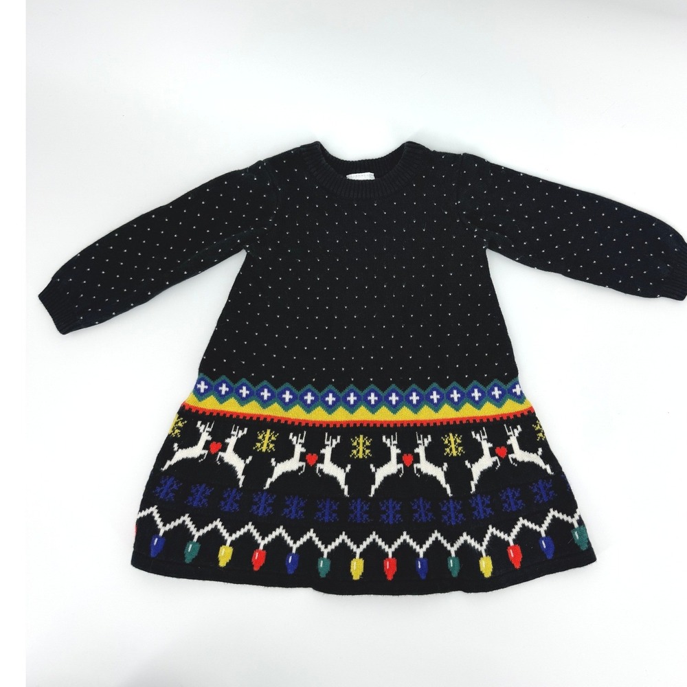 Hanna Andersson Baby Girls Black Holiday Reindeer Fair Isle Knit Dress 6-12M